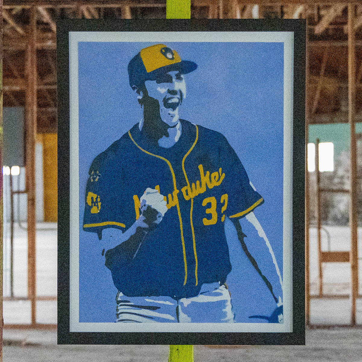 Jacob Misiorowski Milwaukee Brewers hand-sprayed stencil art, navy and gold jersey on a periwinkle blue sky, framed in black, Layered Original edition of 2 by Made By Cito