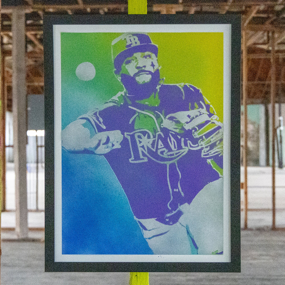 Junior Caminero Tampa Bay Rays hand-sprayed stencil art, violet jersey over a blue-to-lime fade, framed in black, one-of-one Layered Original by Made By Cito